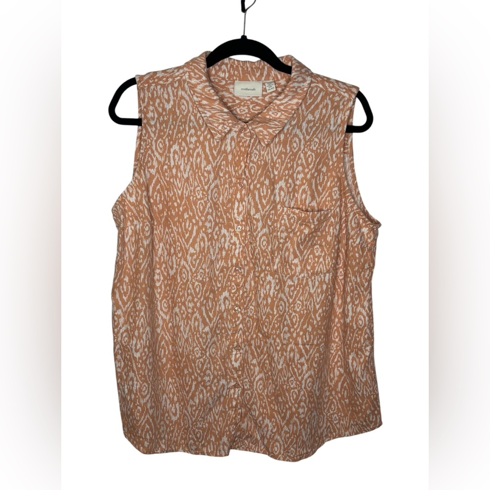 Ecothreads Top Women’s XXL Button Up Sleeveless Linen Blend Coral Abstract Hi-Lo
